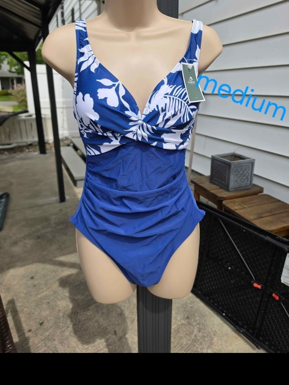 Blue Floral One-Piece Womens Swim Suit - Medium